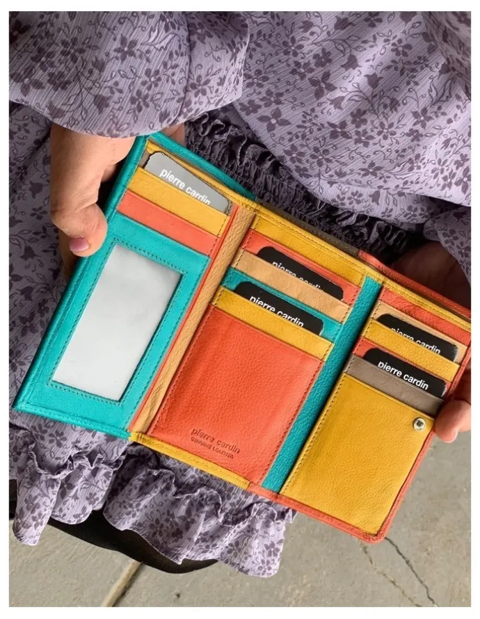 PIERRE CARDIN Leather Tri-Fold Wallet in Orange-Turquoise