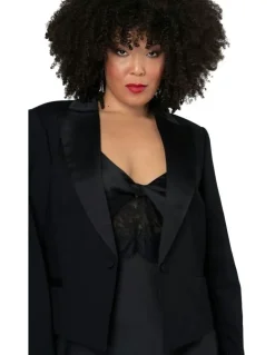 Pink Dusk by Curve Project Satin Trim Crop Blazer in Black