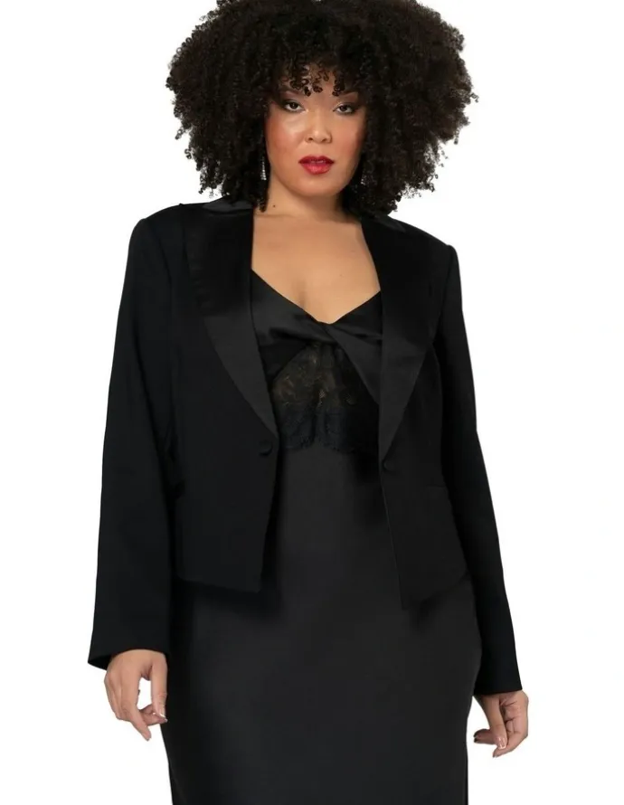 Pink Dusk by Curve Project Satin Trim Crop Blazer in Black