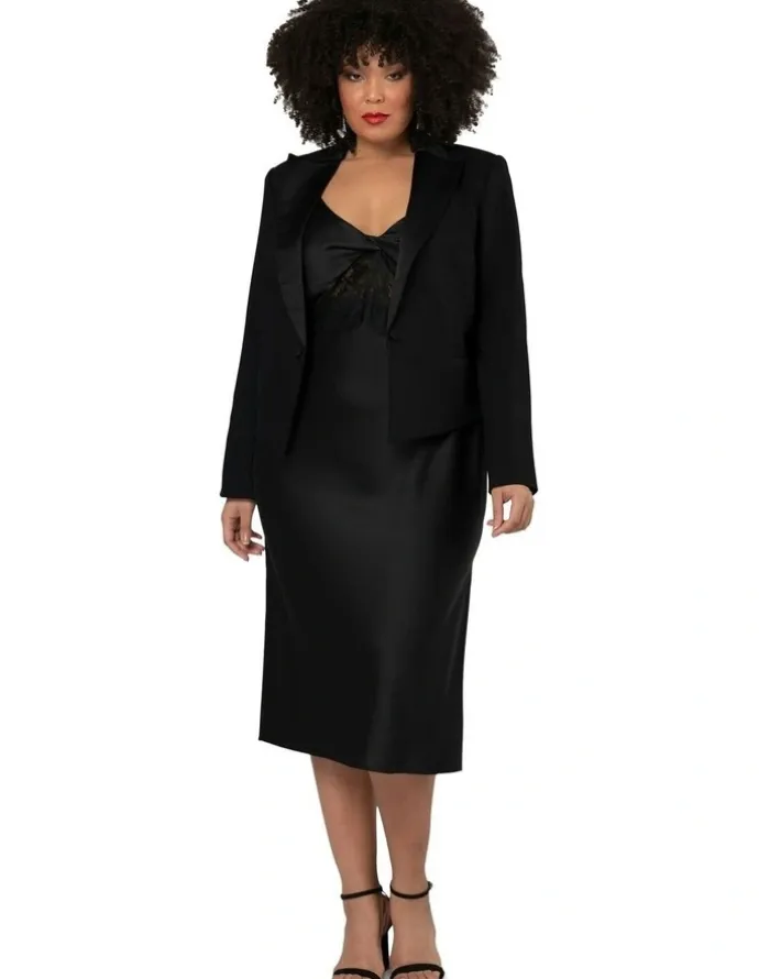 Pink Dusk by Curve Project Satin Trim Crop Blazer in Black
