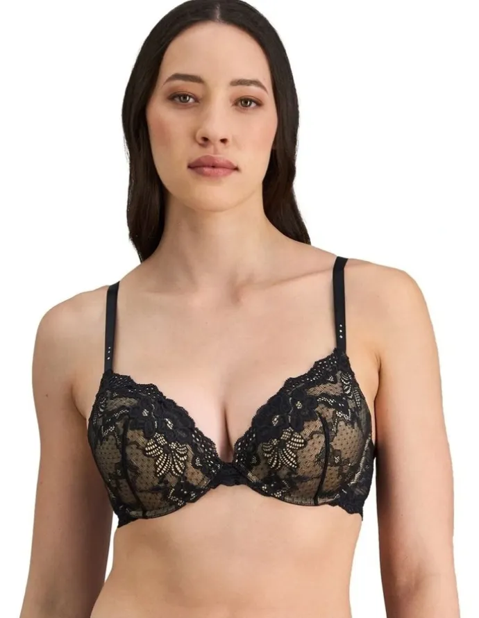 Pleasure State Lace Graduated Push Up Plunge Bra in Black