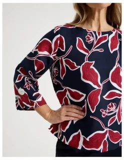 Regatta 3/4 Sleeve Top With Fold Up Cuff & Feature Button in Navy/Red Leaf Print