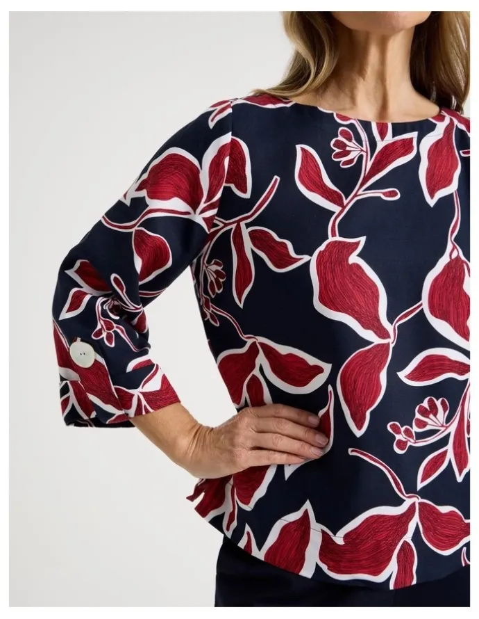 Regatta 3/4 Sleeve Top With Fold Up Cuff & Feature Button in Navy/Red Leaf Print