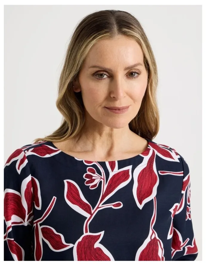 Regatta 3/4 Sleeve Top With Fold Up Cuff & Feature Button in Navy/Red Leaf Print