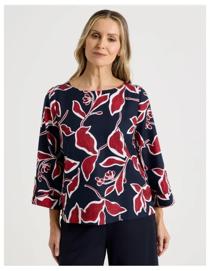 Regatta 3/4 Sleeve Top With Fold Up Cuff & Feature Button in Navy/Red Leaf Print