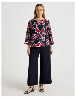 Regatta 3/4 Sleeve Top With Fold Up Cuff & Feature Button in Navy/Red Leaf Print