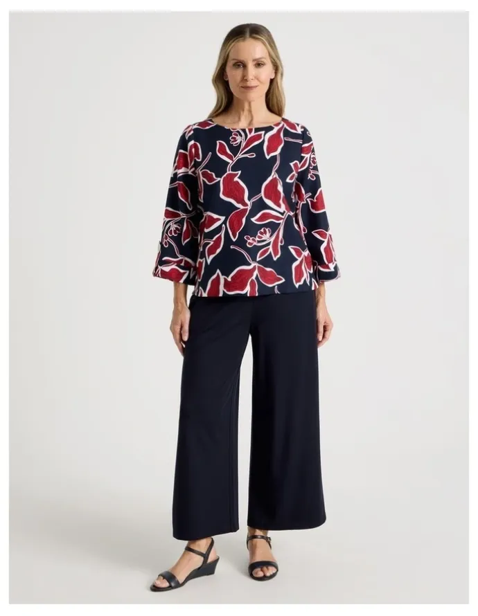 Regatta 3/4 Sleeve Top With Fold Up Cuff & Feature Button in Navy/Red Leaf Print