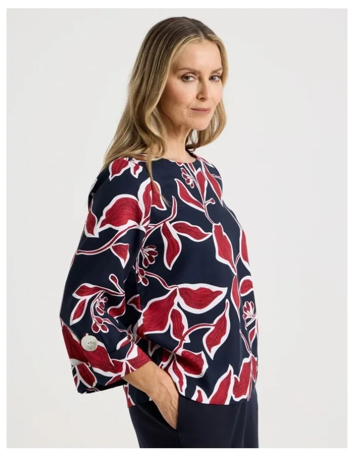 Regatta 3/4 Sleeve Top With Fold Up Cuff & Feature Button in Navy/Red Leaf Print
