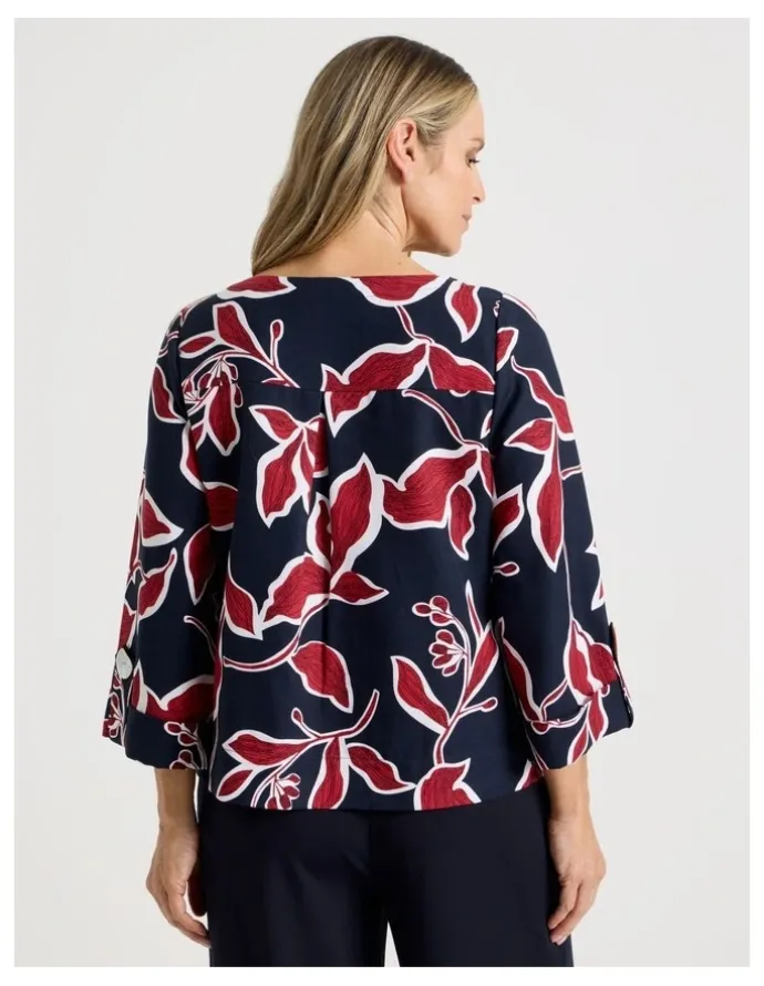 Regatta 3/4 Sleeve Top With Fold Up Cuff & Feature Button in Navy/Red Leaf Print
