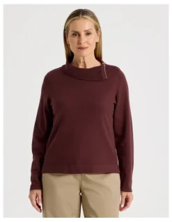 Regatta Button Shoulder Long Sleeve Jumper With Fold Neck in Burgundy