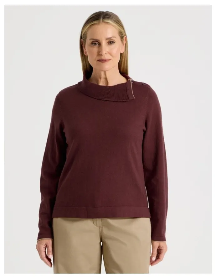 Regatta Button Shoulder Long Sleeve Jumper With Fold Neck in Burgundy