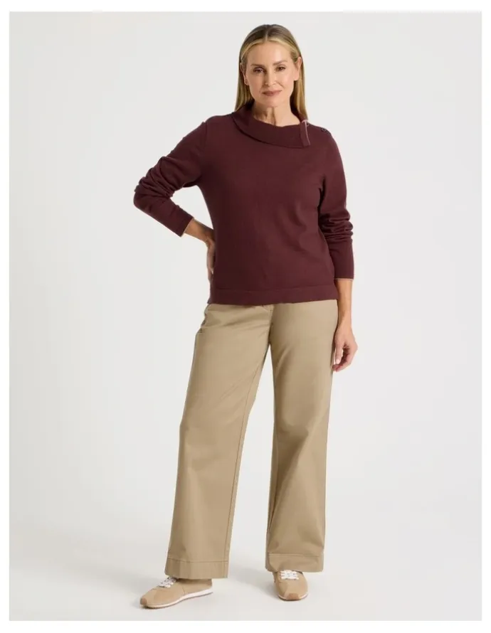 Regatta Button Shoulder Long Sleeve Jumper With Fold Neck in Burgundy