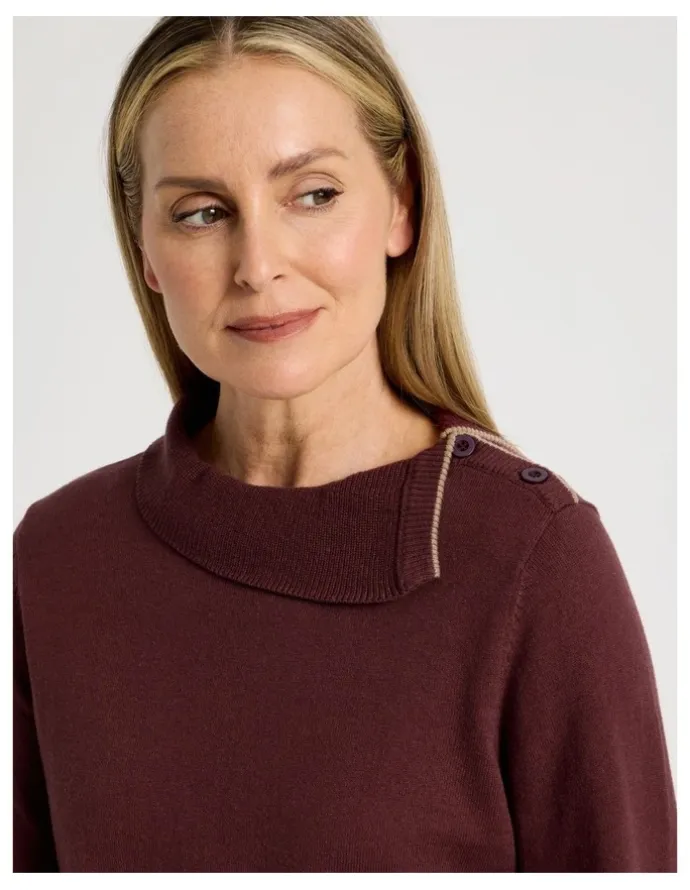Regatta Button Shoulder Long Sleeve Jumper With Fold Neck in Burgundy