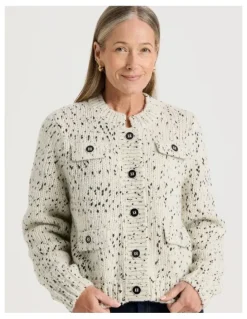 Regatta Chunky Cardigan With Pocket Flaps in Ivory With Black Flecks