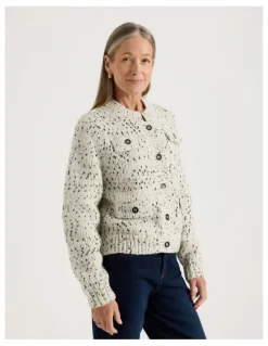 Regatta Chunky Cardigan With Pocket Flaps in Ivory With Black Flecks
