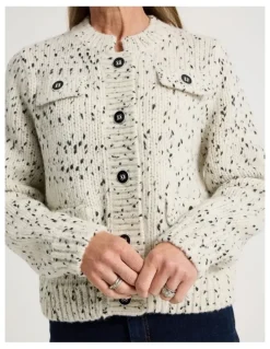 Regatta Chunky Cardigan With Pocket Flaps in Ivory With Black Flecks