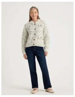 Regatta Chunky Cardigan With Pocket Flaps in Ivory With Black Flecks