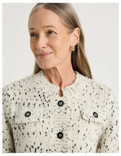 Regatta Chunky Cardigan With Pocket Flaps in Ivory With Black Flecks