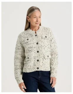 Regatta Chunky Cardigan With Pocket Flaps in Ivory With Black Flecks