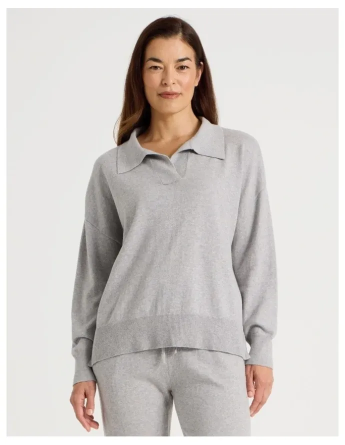 Regatta Collared Long Sleeve Knit Sleep Top in Grey Marle