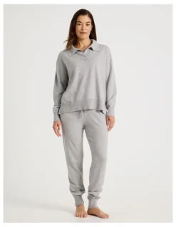 Regatta Collared Long Sleeve Knit Sleep Top in Grey Marle
