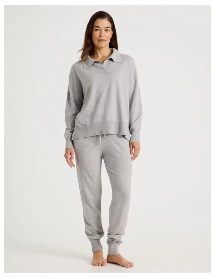 Regatta Collared Long Sleeve Knit Sleep Top in Grey Marle