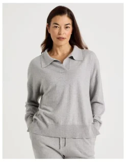 Regatta Collared Long Sleeve Knit Sleep Top in Grey Marle