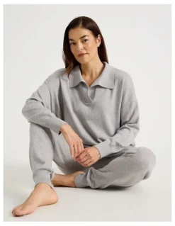 Regatta Collared Long Sleeve Knit Sleep Top in Grey Marle