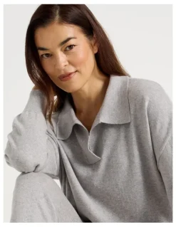 Regatta Collared Long Sleeve Knit Sleep Top in Grey Marle