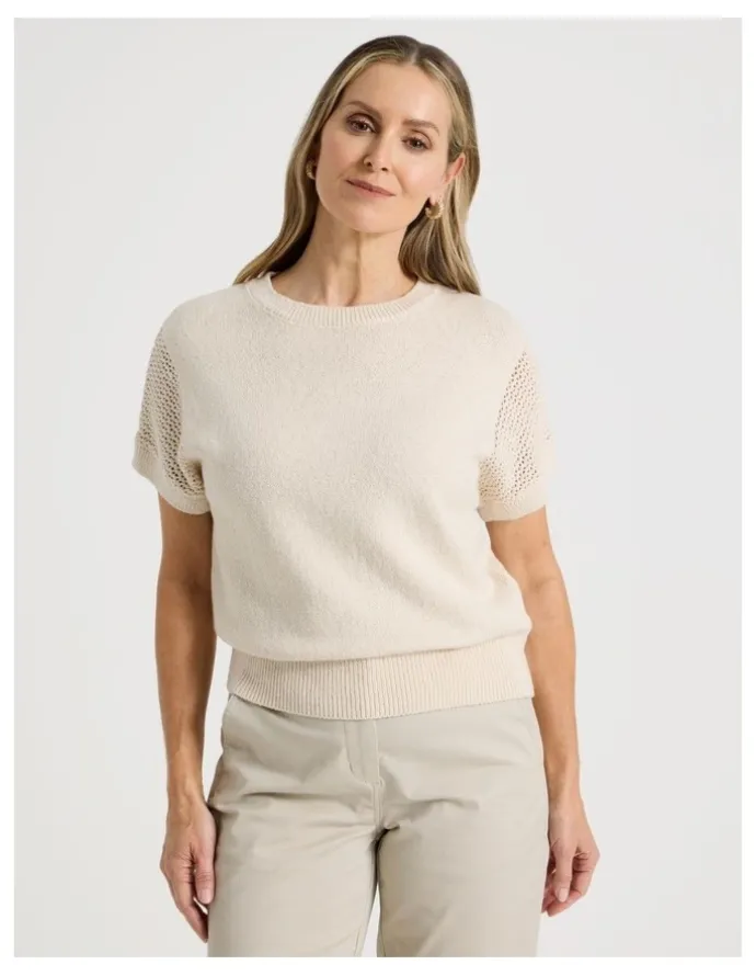 Regatta Extended Sleeve Knit Top With Fancy Knit Sleeves in Ivory
