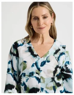 Regatta Long Sleeve V-Neck Tunic in Blues/Olive Blurred Floral