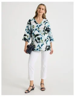 Regatta Long Sleeve V-Neck Tunic in Blues/Olive Blurred Floral