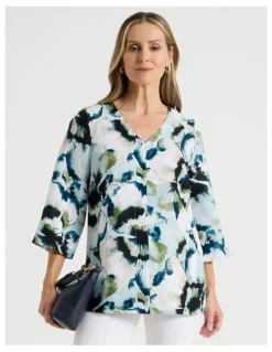 Regatta Long Sleeve V-Neck Tunic in Blues/Olive Blurred Floral
