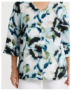 Regatta Long Sleeve V-Neck Tunic in Blues/Olive Blurred Floral