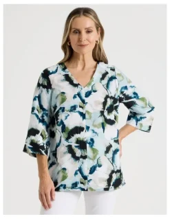 Regatta Long Sleeve V-Neck Tunic in Blues/Olive Blurred Floral