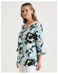Regatta Long Sleeve V-Neck Tunic in Blues/Olive Blurred Floral