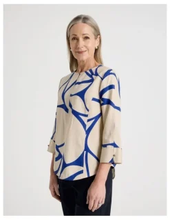 Regatta Notch Neck 3/4 Sleeve Top With CF Seam in Ivory/Cobalt Print