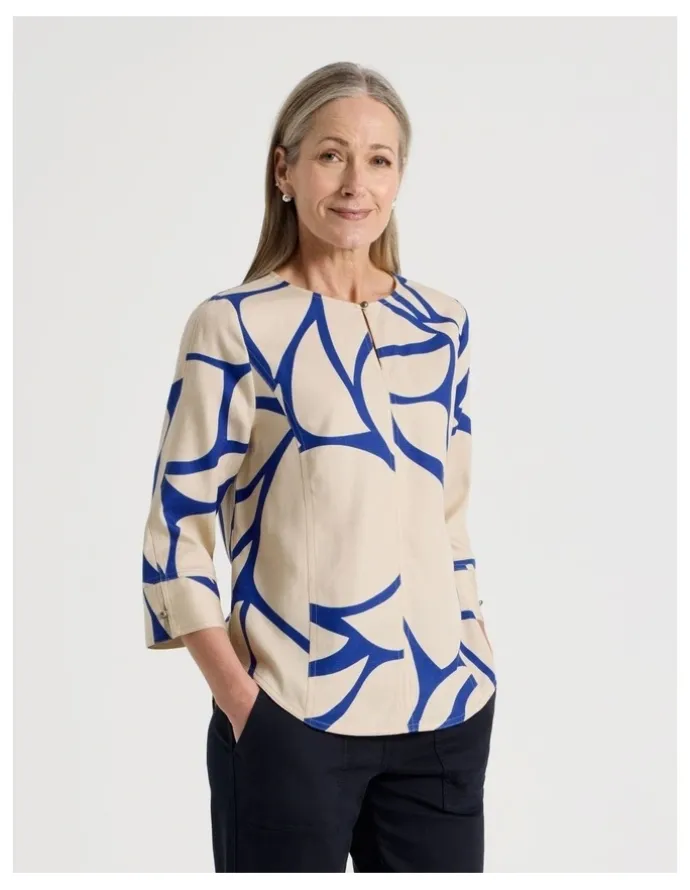 Regatta Notch Neck 3/4 Sleeve Top With CF Seam in Ivory/Cobalt Print