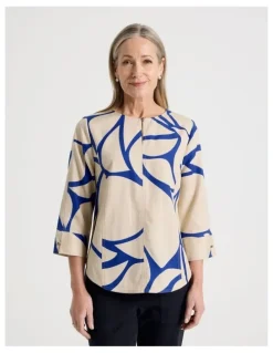Regatta Notch Neck 3/4 Sleeve Top With CF Seam in Ivory/Cobalt Print