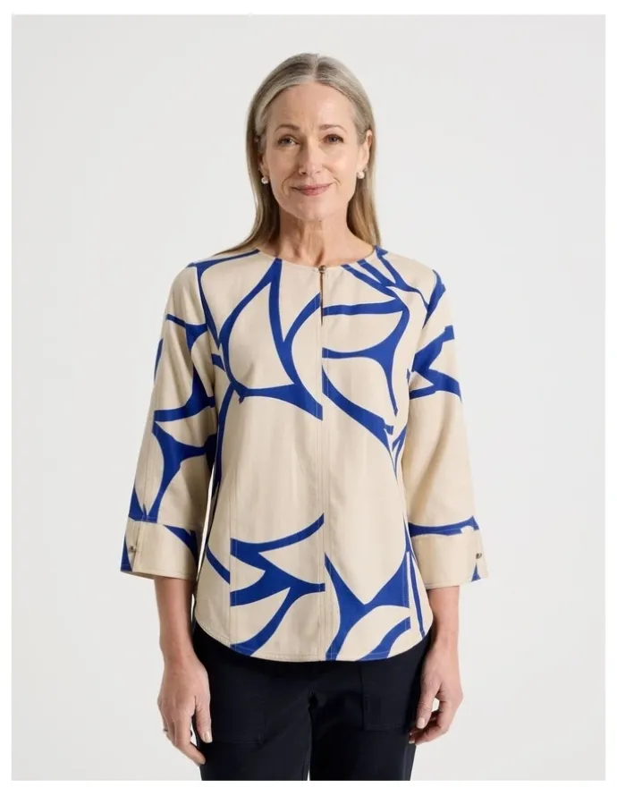 Regatta Notch Neck 3/4 Sleeve Top With CF Seam in Ivory/Cobalt Print