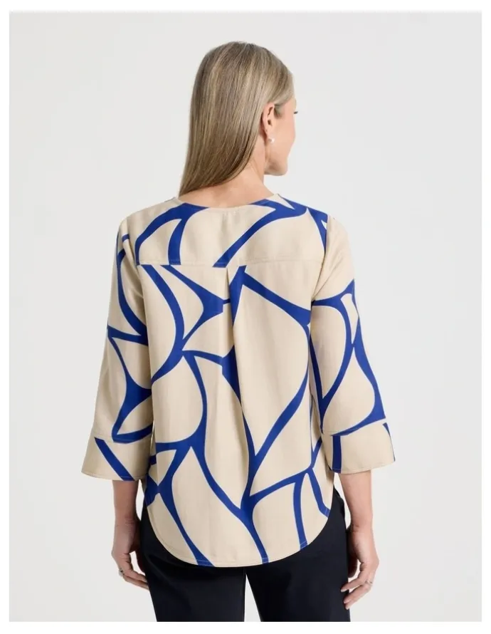 Regatta Notch Neck 3/4 Sleeve Top With CF Seam in Ivory/Cobalt Print