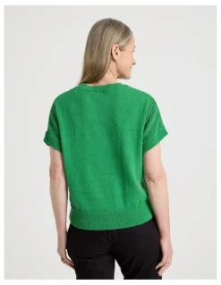 Regatta Petites Extended Sleeve Knit Top With Fancy Knit Sleeves in Green