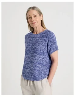 Regatta Petites Knitted Extended Sleeve Top With Boat Neck in Blue/Ivory Twist