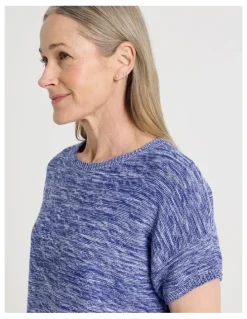 Regatta Petites Knitted Extended Sleeve Top With Boat Neck in Blue/Ivory Twist