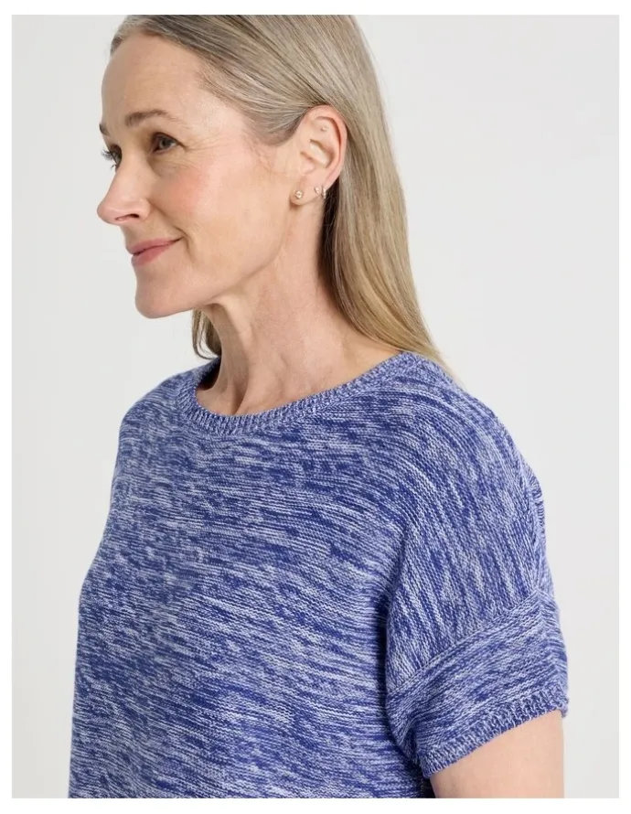 Regatta Petites Knitted Extended Sleeve Top With Boat Neck in Blue/Ivory Twist