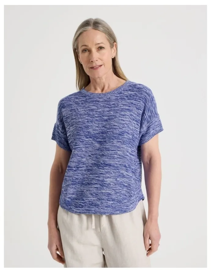 Regatta Petites Knitted Extended Sleeve Top With Boat Neck in Blue/Ivory Twist