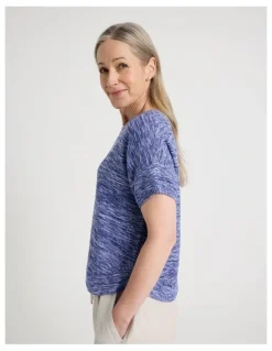 Regatta Petites Knitted Extended Sleeve Top With Boat Neck in Blue/Ivory Twist