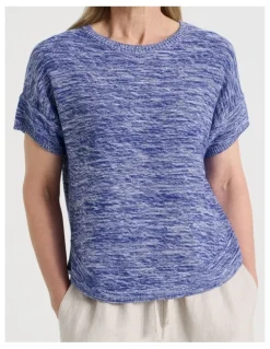 Regatta Petites Knitted Extended Sleeve Top With Boat Neck in Blue/Ivory Twist