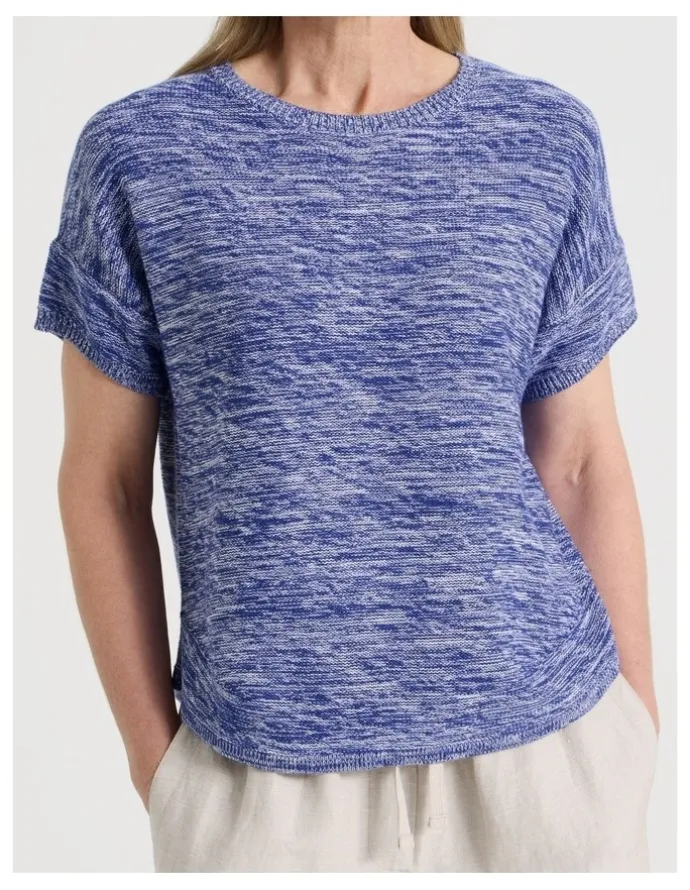 Regatta Petites Knitted Extended Sleeve Top With Boat Neck in Blue/Ivory Twist