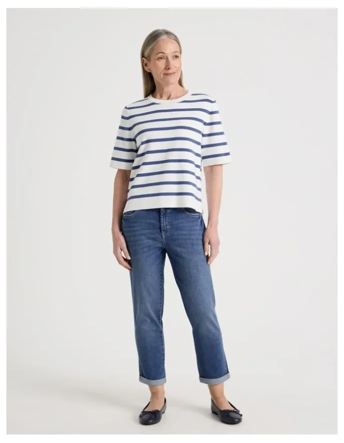 Regatta Petites Short Sleeve Stripe Knitted Top in Ivory/Slate